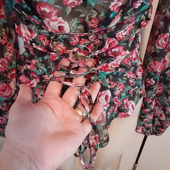 Zara Dark Floral Rose Front Lace Up Corset Top Chiffon Billowing Long Sleeves - Picture 9 of 11